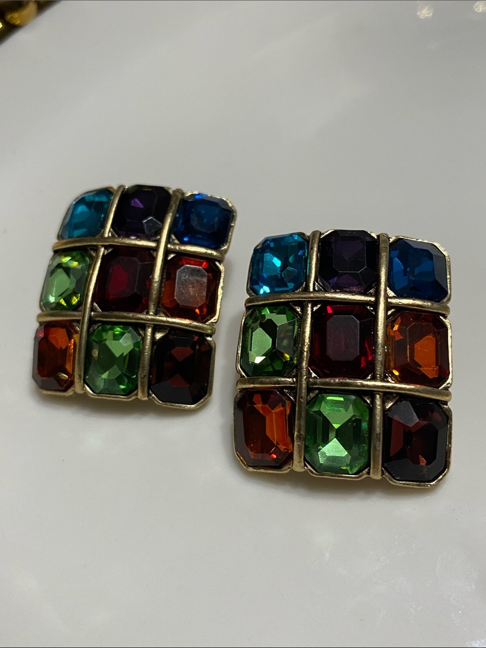 Multicolor Faceted Grid Clip-On Earrings